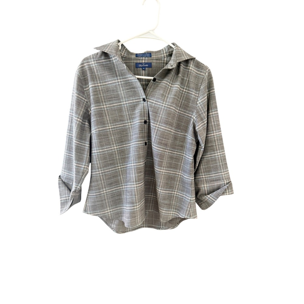 Faconnable Womens Grey Plaid Wool Spandex Button Up Shirt Made in France Size M